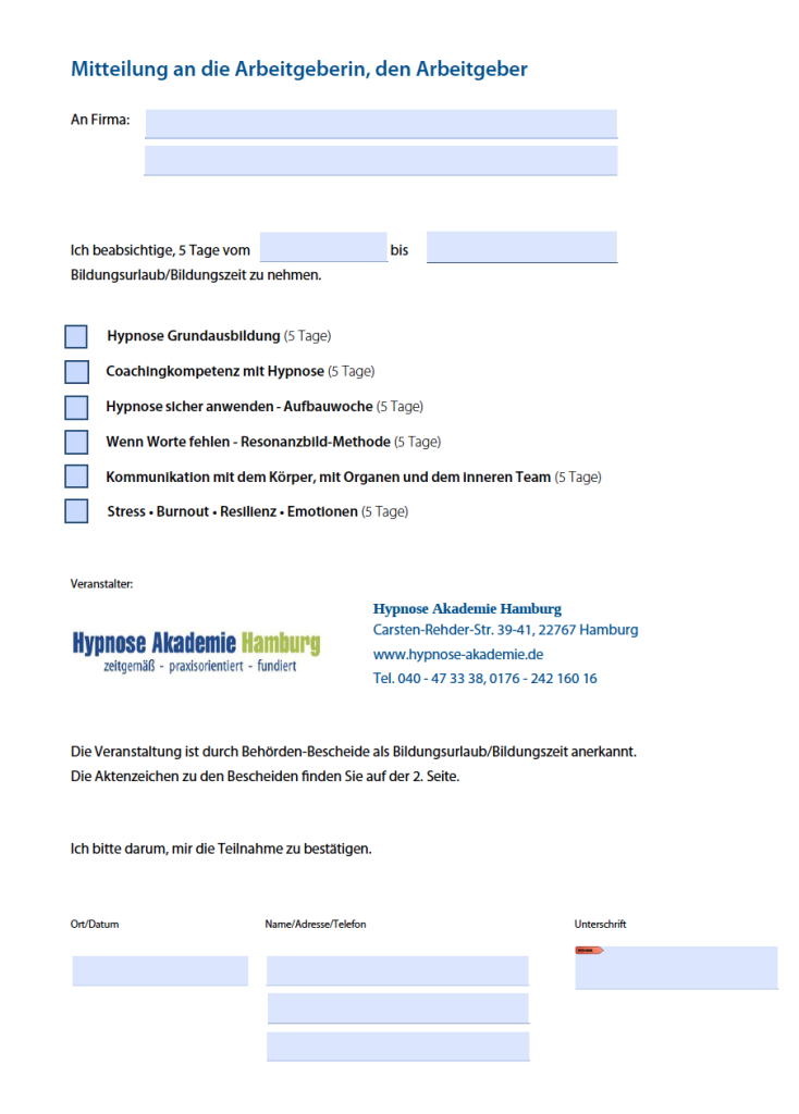 Hypnose Akademie Mitteilung an den Arbeitgeber